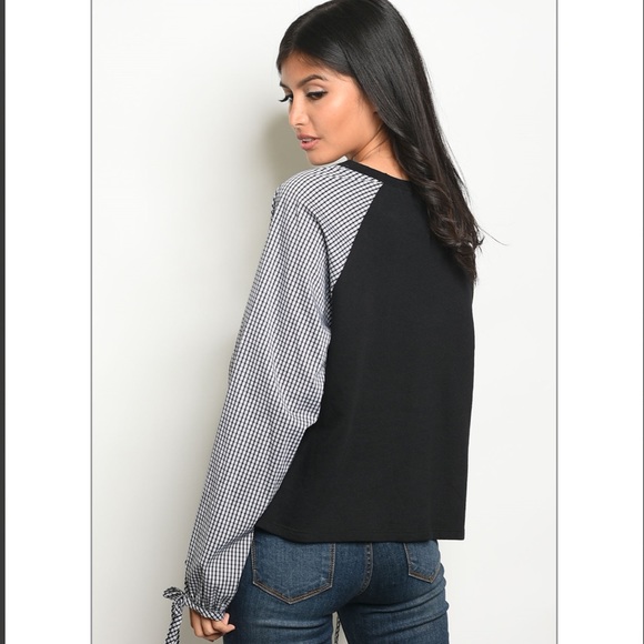 “FRIYAY” Black Plaid Contrast Top with Bows 1 Left - Picture 2 of 5
